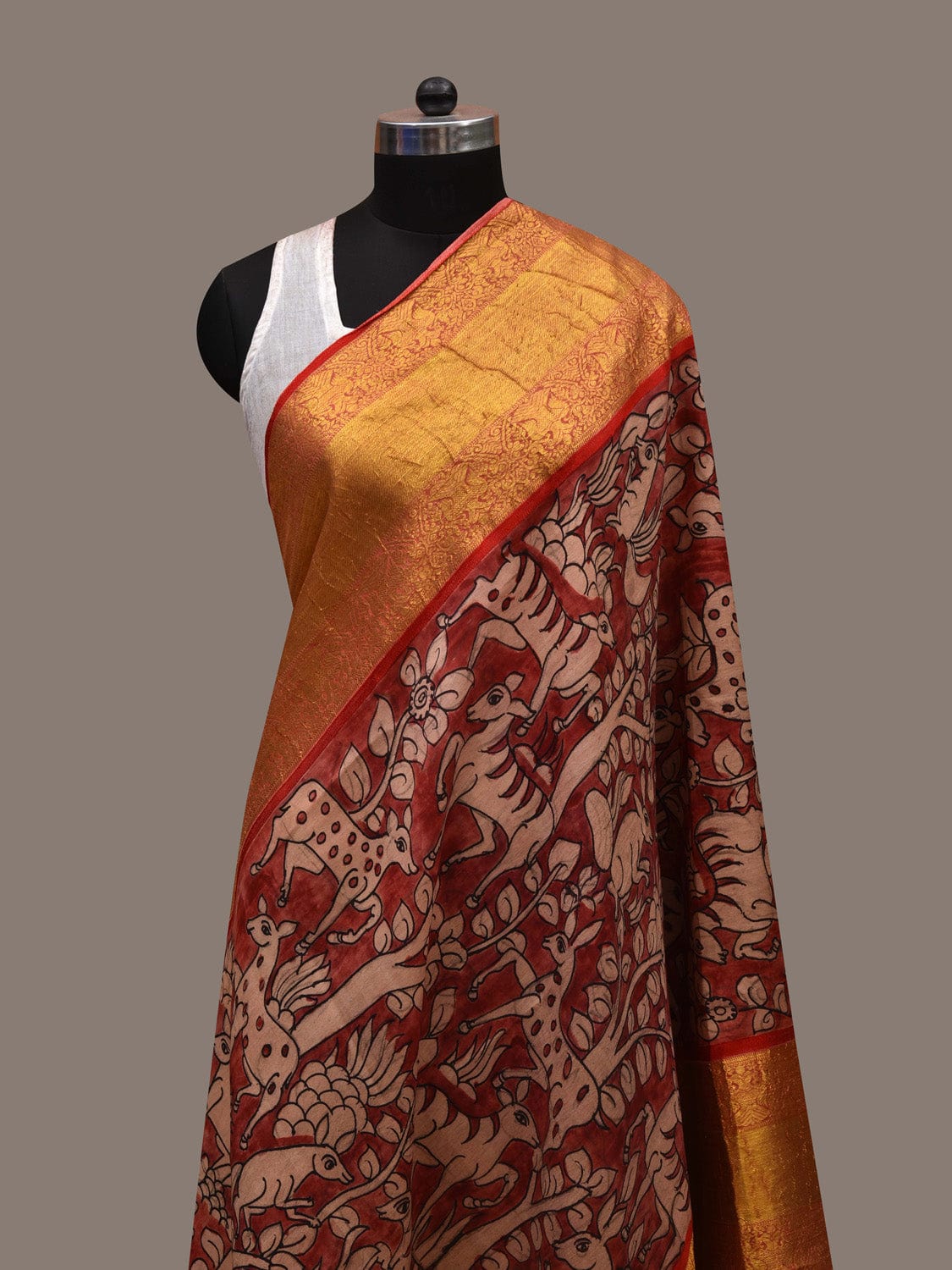 Red Kalamkari Hand Painted Kanchipuram Silk Handloom Dupatta with Deers Design ds2746