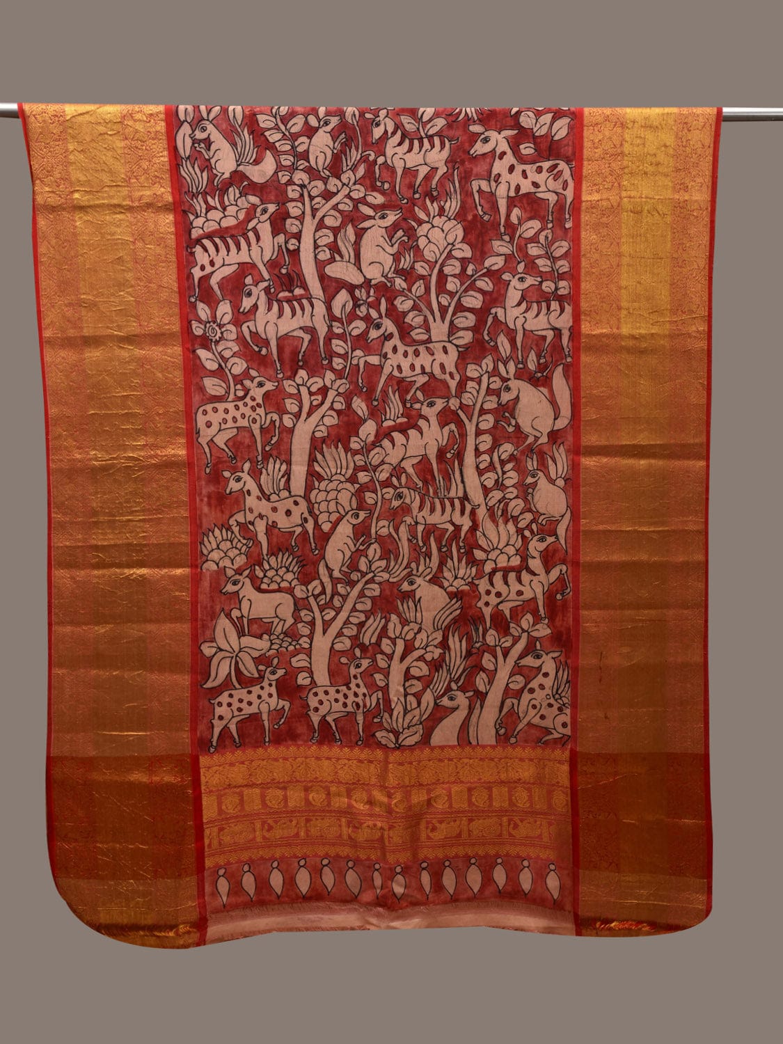 Red Kalamkari Hand Painted Kanchipuram Silk Handloom Dupatta with Deers Design ds2746