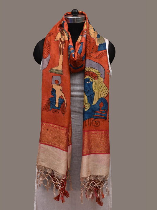 Red Kalamkari Hand Painted Kanchipuram Silk Handloom Dupatta with Egyptian Design ds2670