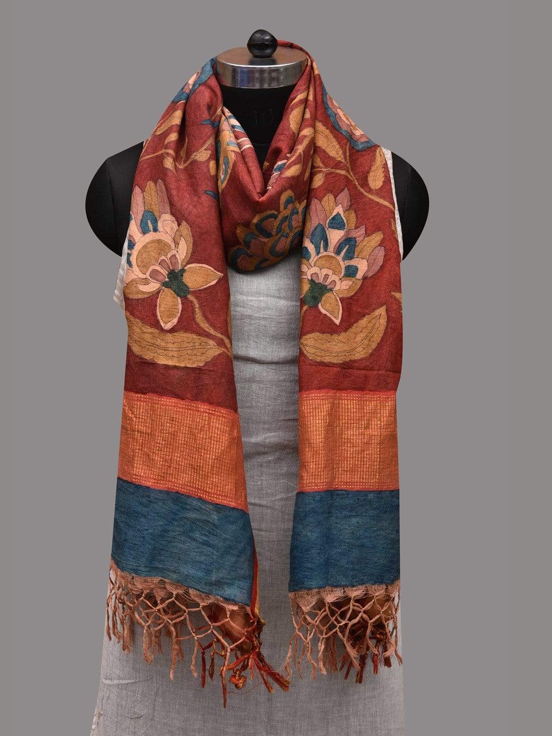 Red Kalamkari Hand Painted Kanchipuram Silk Handloom Dupatta with Exotic Flowers Design ds2584