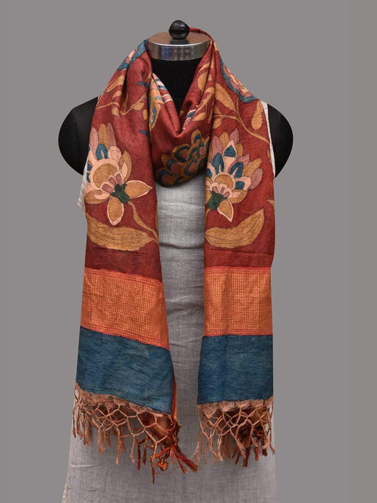 Red Kalamkari Hand Painted Kanchipuram Silk Handloom Dupatta with Exotic Flowers Design ds2584