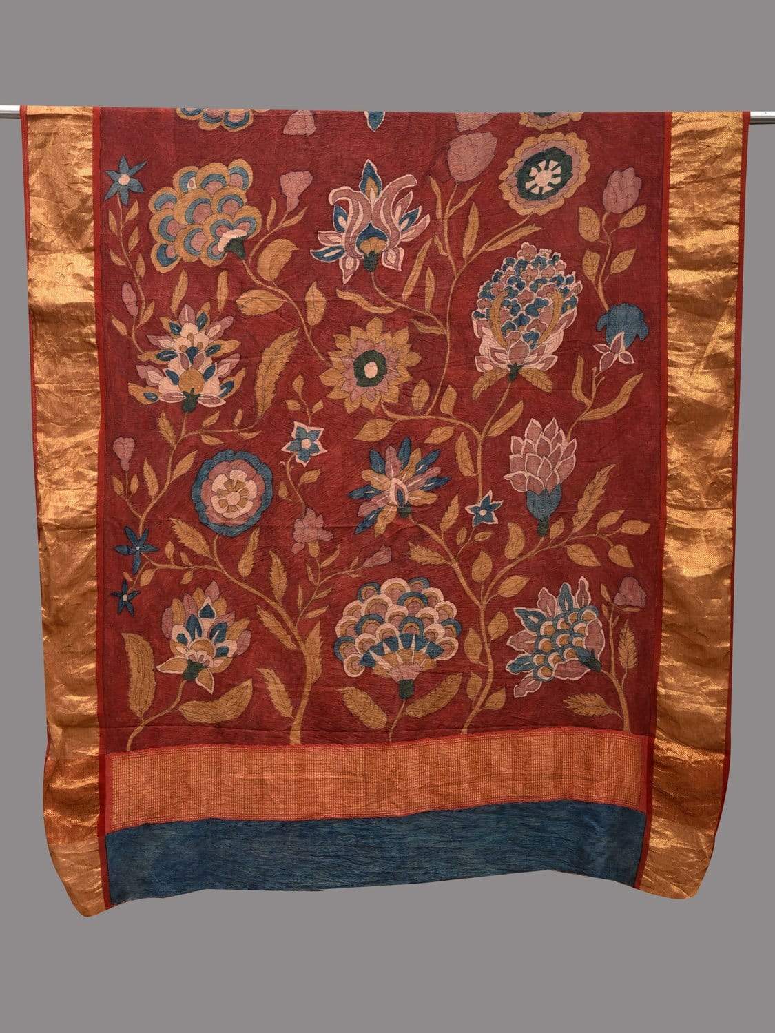 Red Kalamkari Hand Painted Kanchipuram Silk Handloom Dupatta with Exotic Flowers Design ds2584
