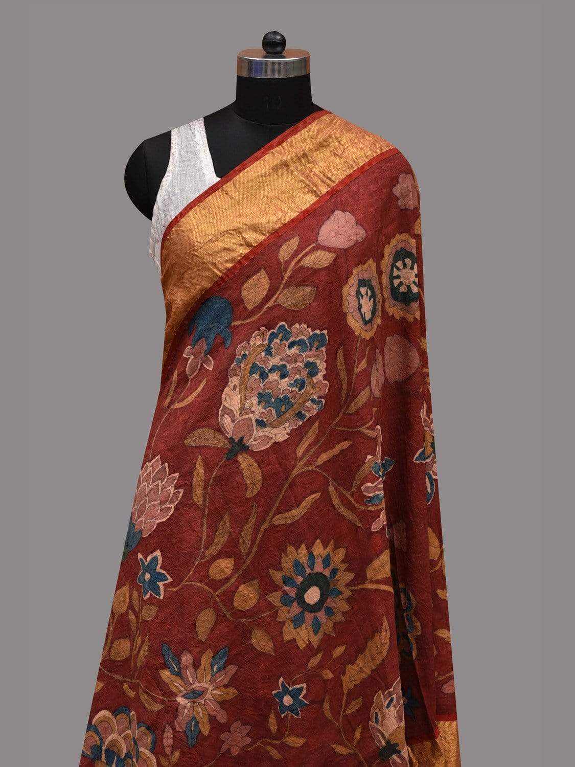 Red Kalamkari Hand Painted Kanchipuram Silk Handloom Dupatta with Exotic Flowers Design ds2584
