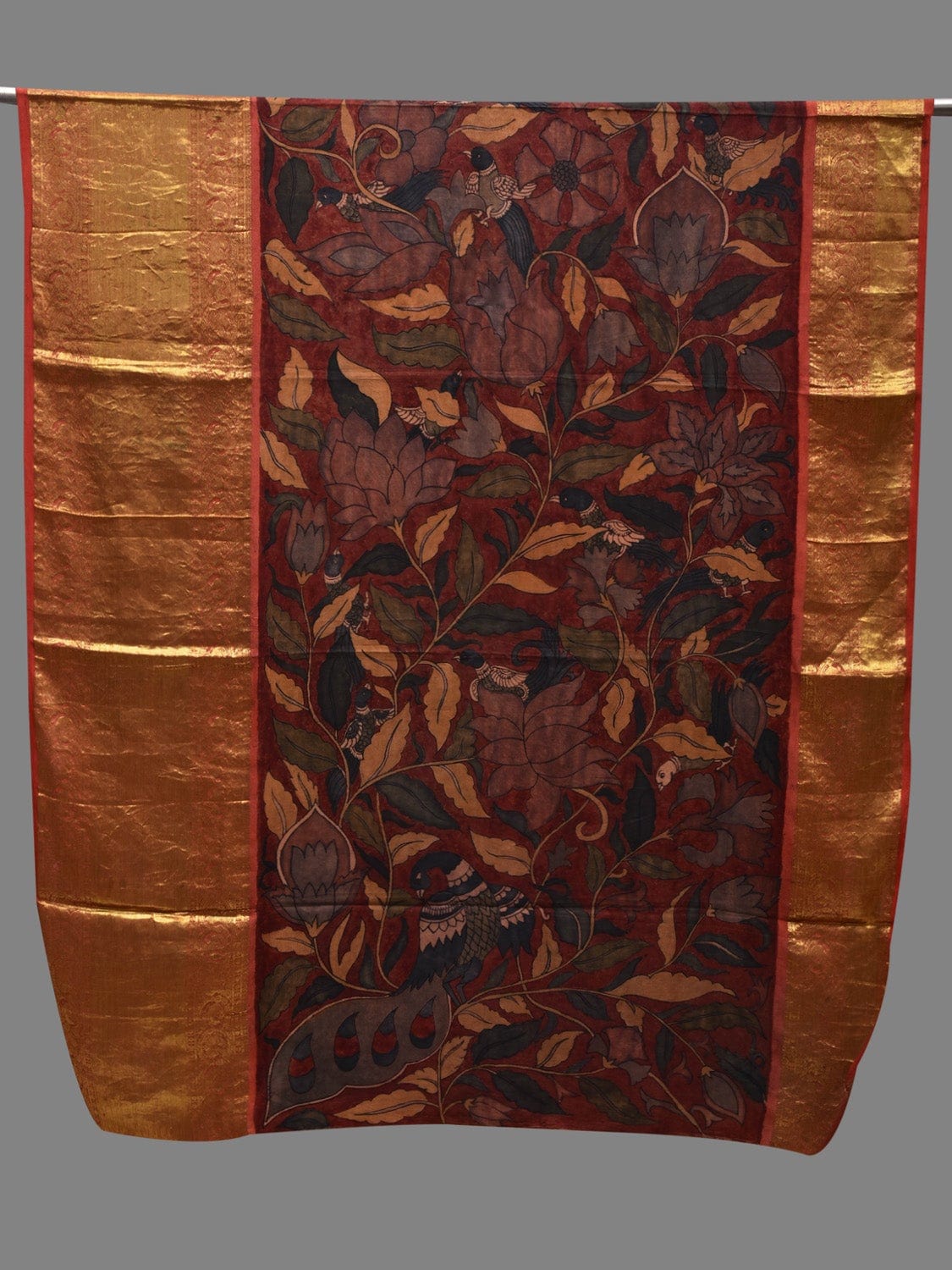 Red Kalamkari Hand Painted Kanchipuram Silk Handloom Dupatta with Floral Design ds2607