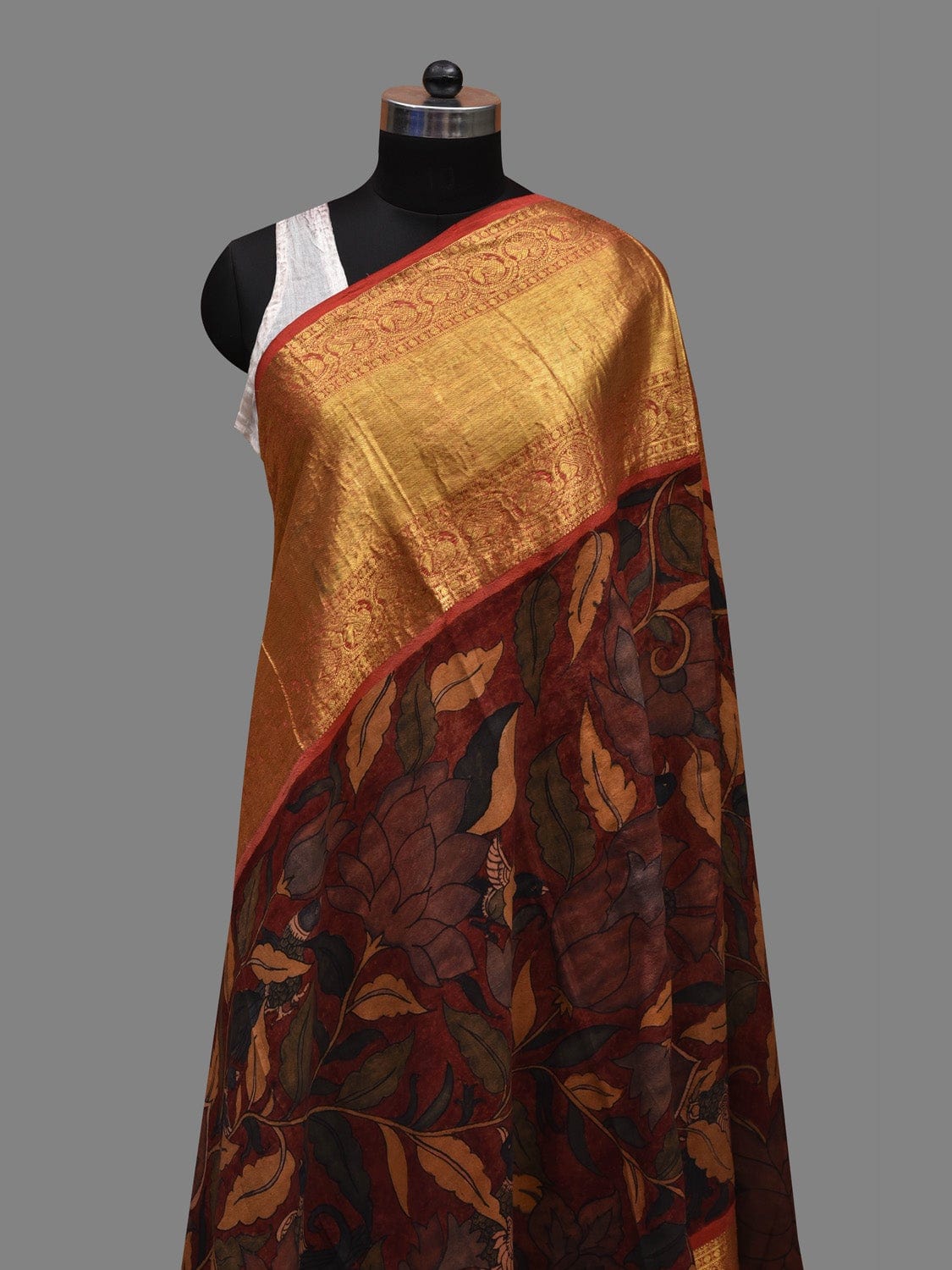 Red Kalamkari Hand Painted Kanchipuram Silk Handloom Dupatta with Floral Design ds2607
