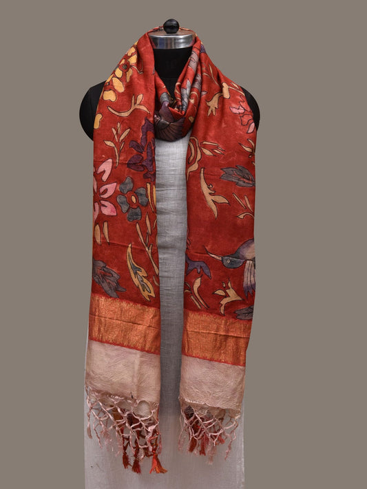 Red Kalamkari Hand Painted Kanchipuram Silk Handloom Dupatta with Floral Design ds2835