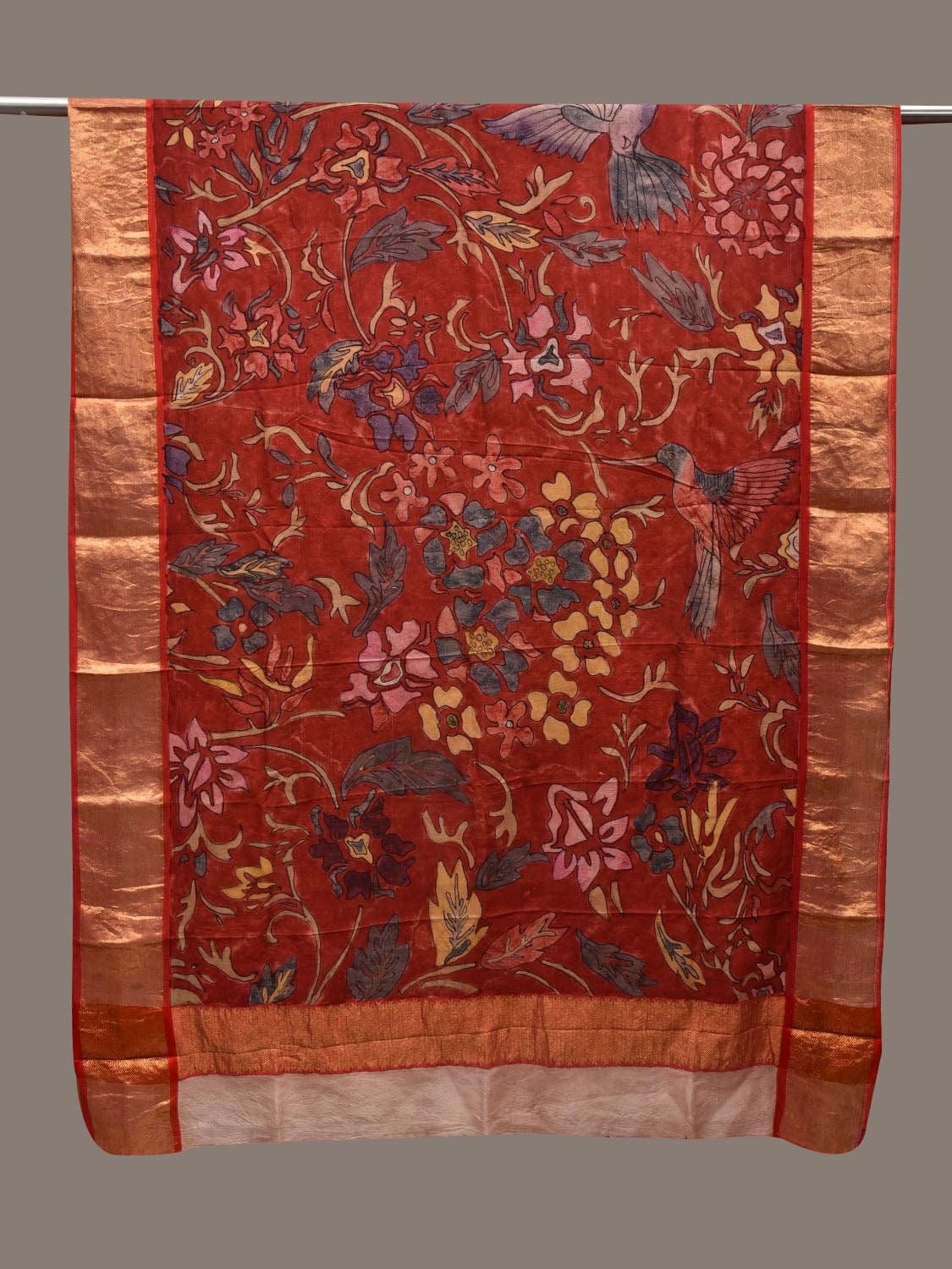 Red Kalamkari Hand Painted Kanchipuram Silk Handloom Dupatta with Floral Design ds2835