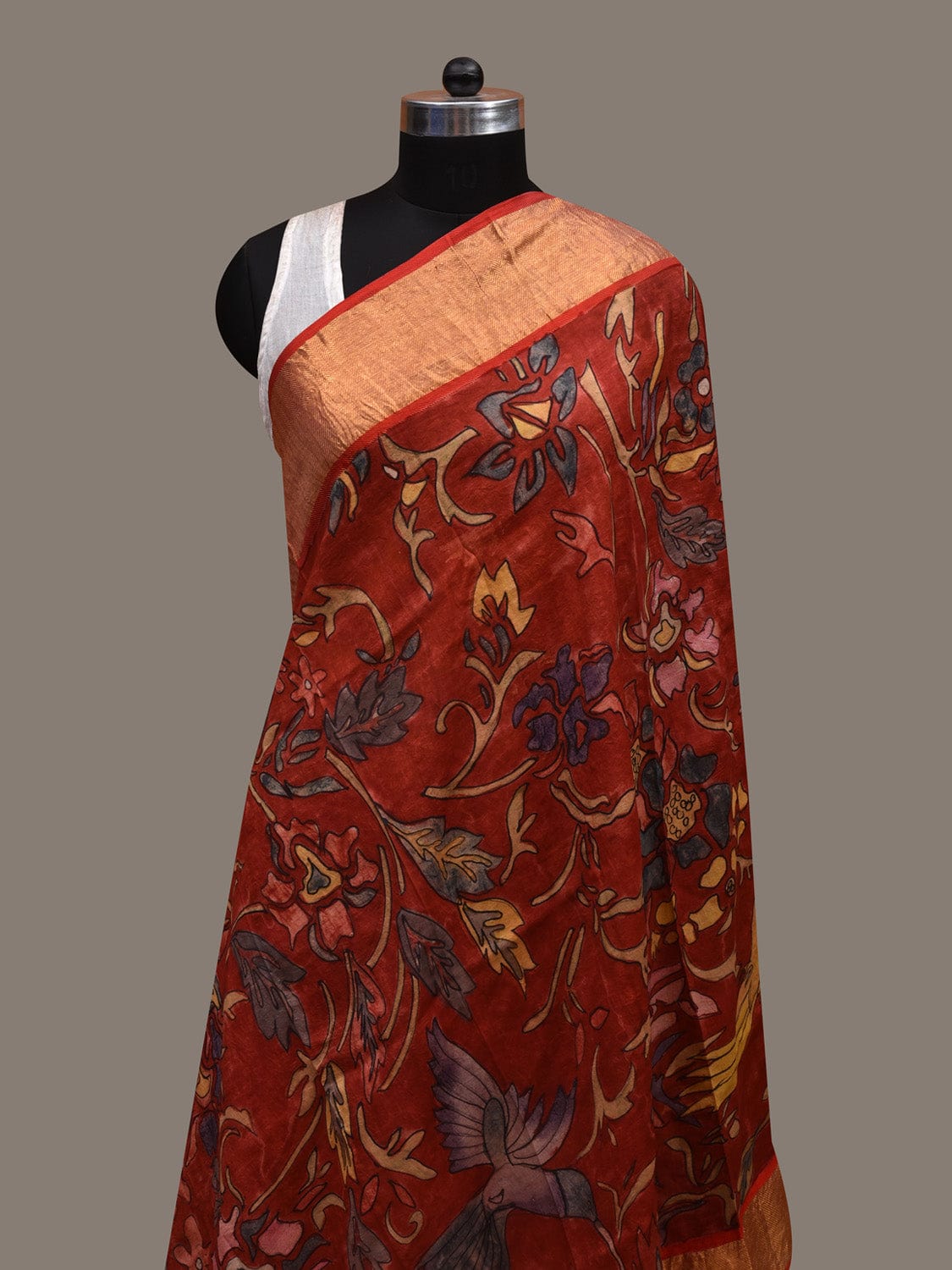 Red Kalamkari Hand Painted Kanchipuram Silk Handloom Dupatta with Floral Design ds2835