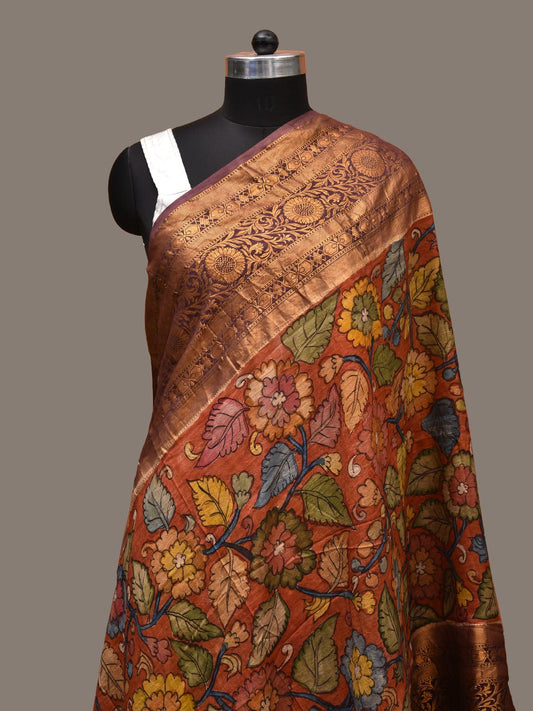 Red Kalamkari Hand Painted Kanchipuram Silk Handloom Dupatta with Floral Design ds3133
