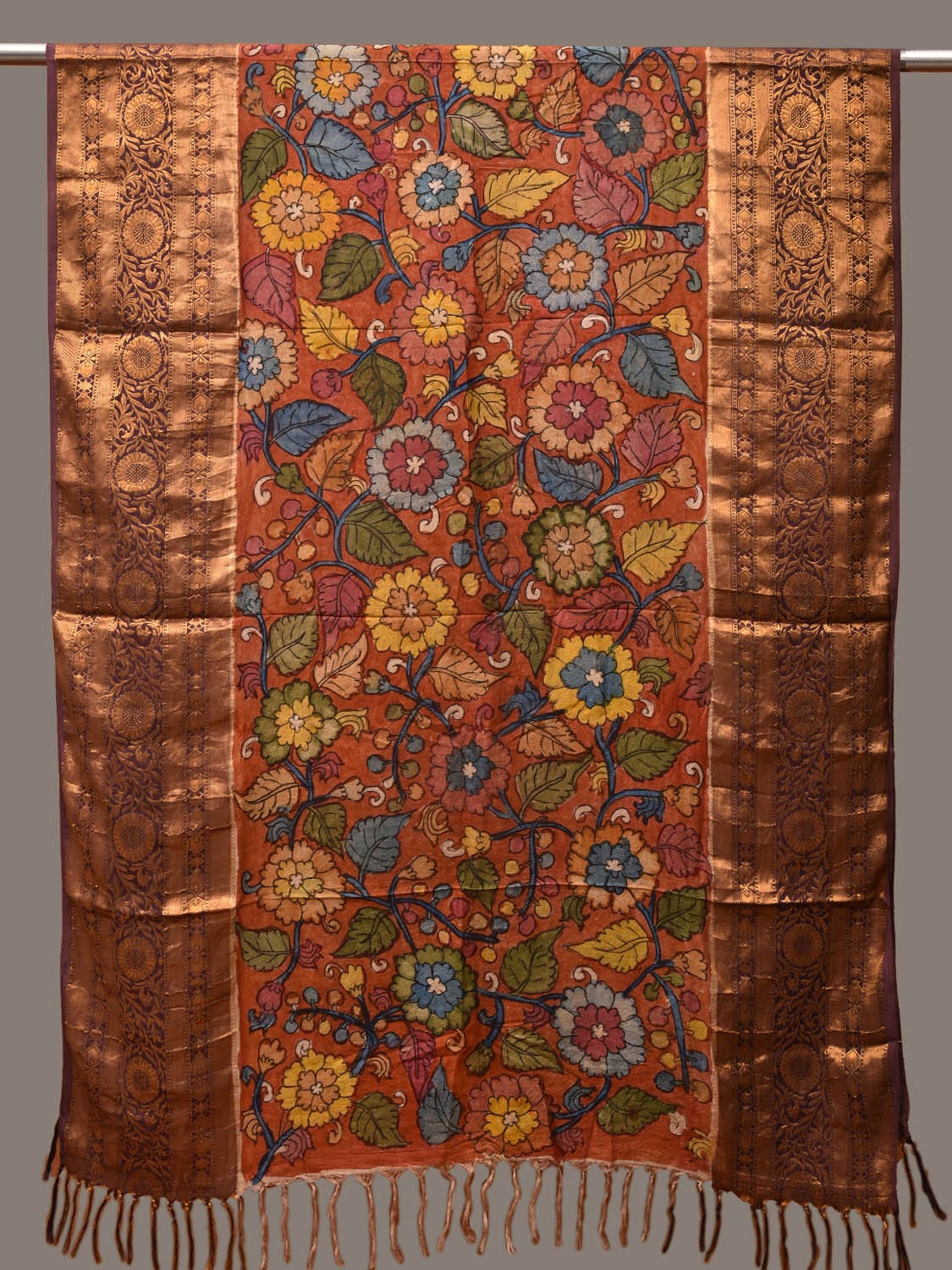 Red Kalamkari Hand Painted Kanchipuram Silk Handloom Dupatta with Floral Design ds3133