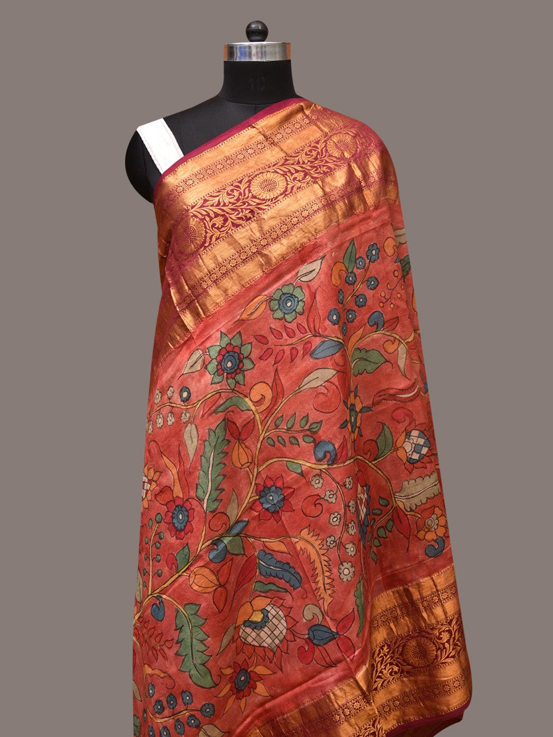 Red Kalamkari Hand Painted Kanchipuram Silk Handloom Dupatta with Floral Design ds3379