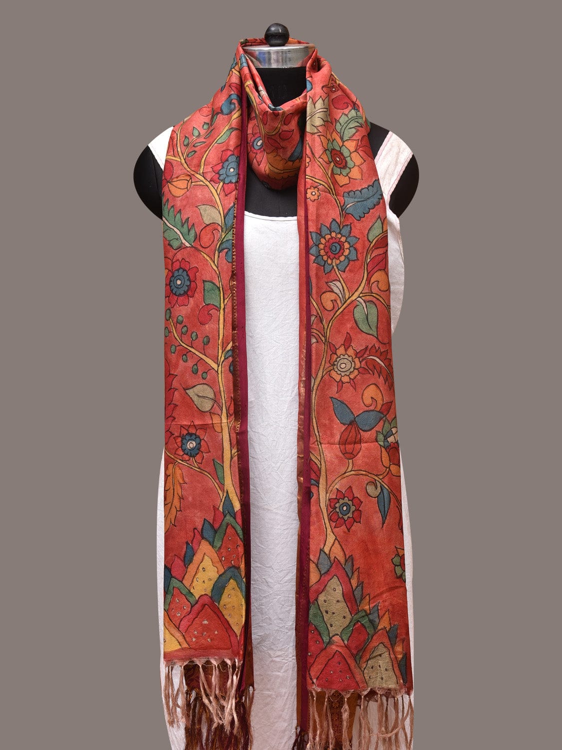 Red Kalamkari Hand Painted Kanchipuram Silk Handloom Dupatta with Floral Design ds3379