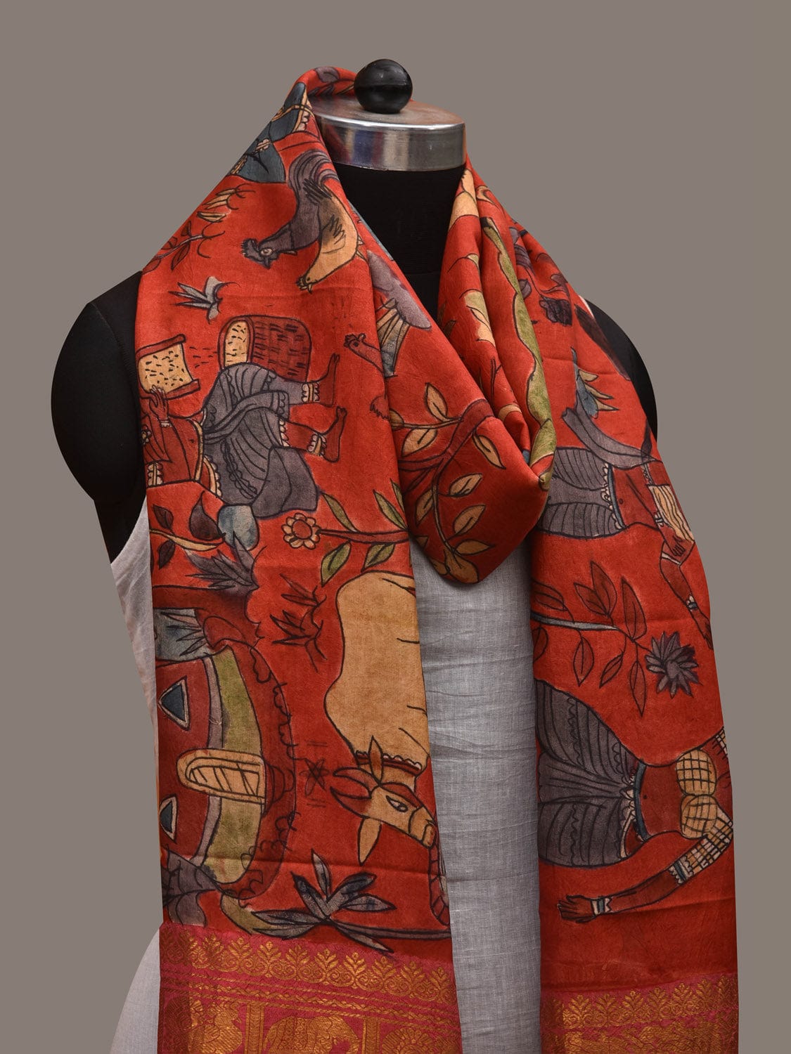 Red Kalamkari Hand Painted Kanchipuram Silk Handloom Dupatta with Hunter and Animals Design ds2955
