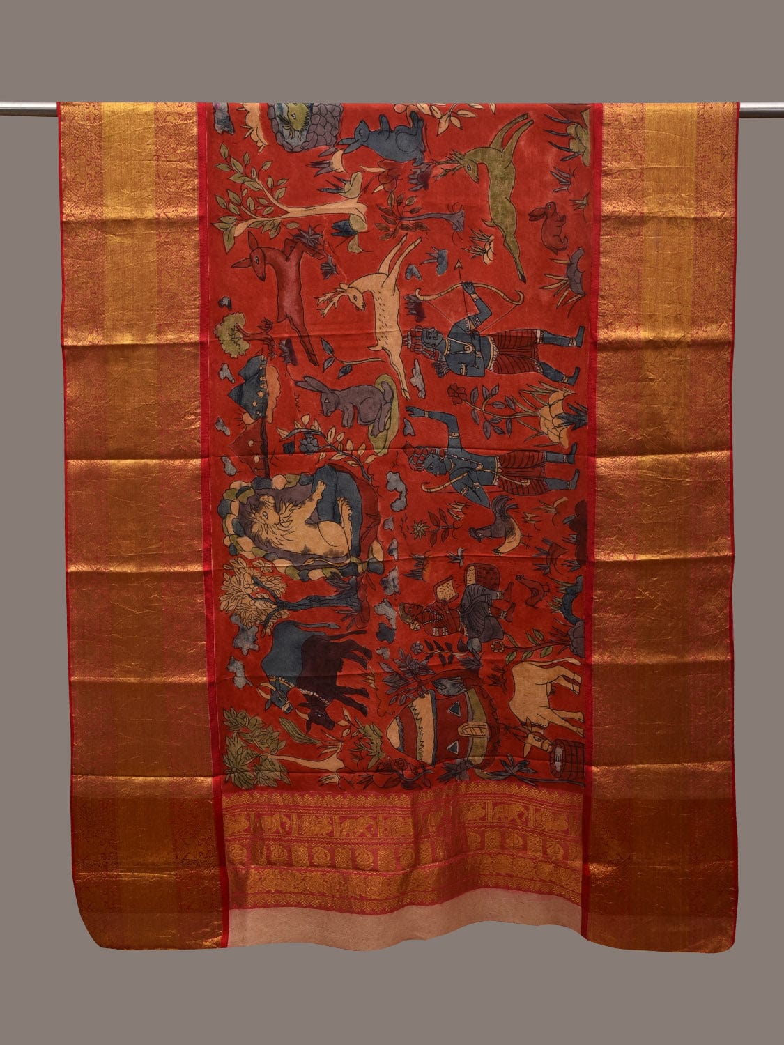 Red Kalamkari Hand Painted Kanchipuram Silk Handloom Dupatta with Hunter and Animals Design ds2955