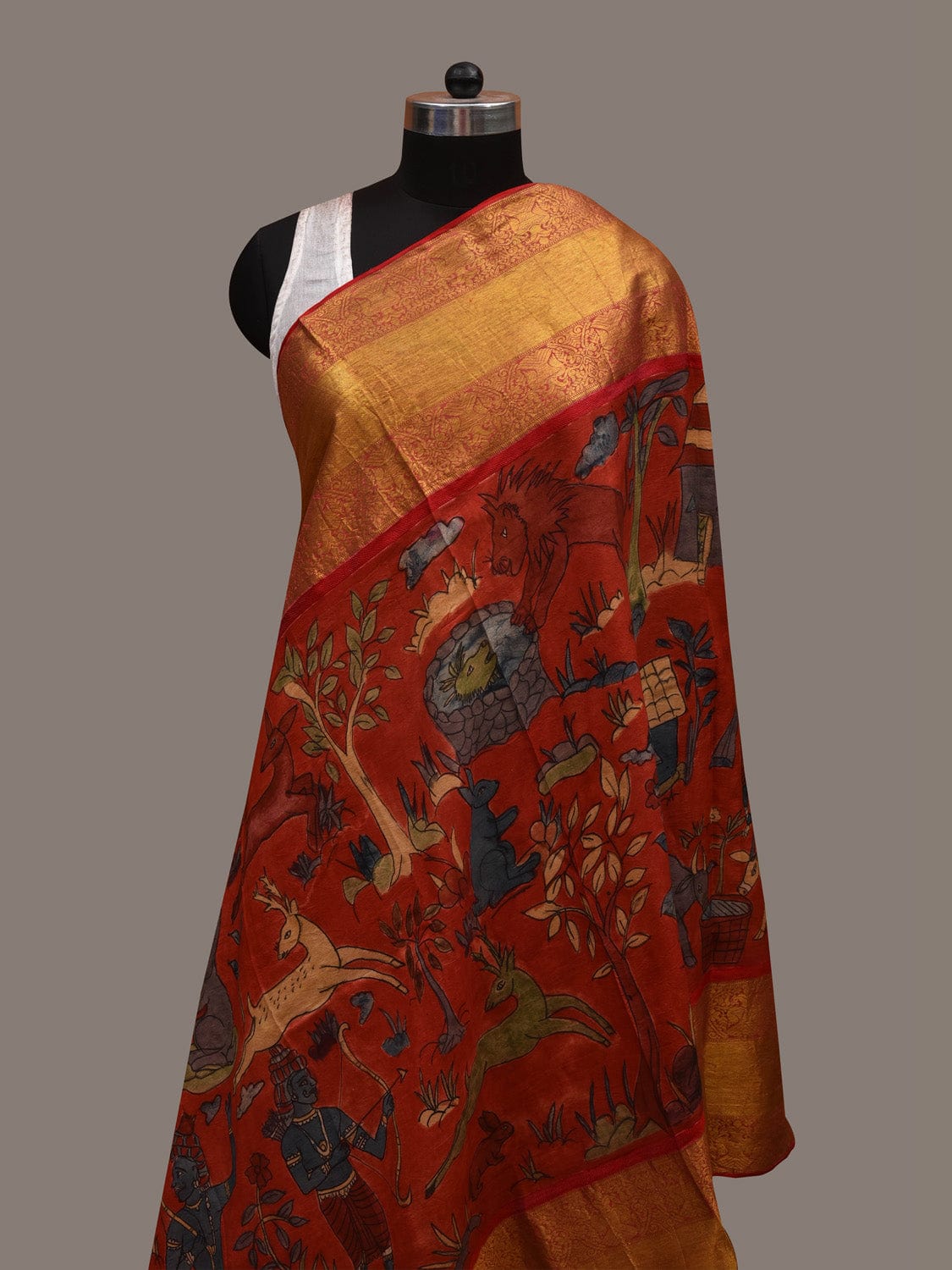 Red Kalamkari Hand Painted Kanchipuram Silk Handloom Dupatta with Hunter and Animals Design ds2955