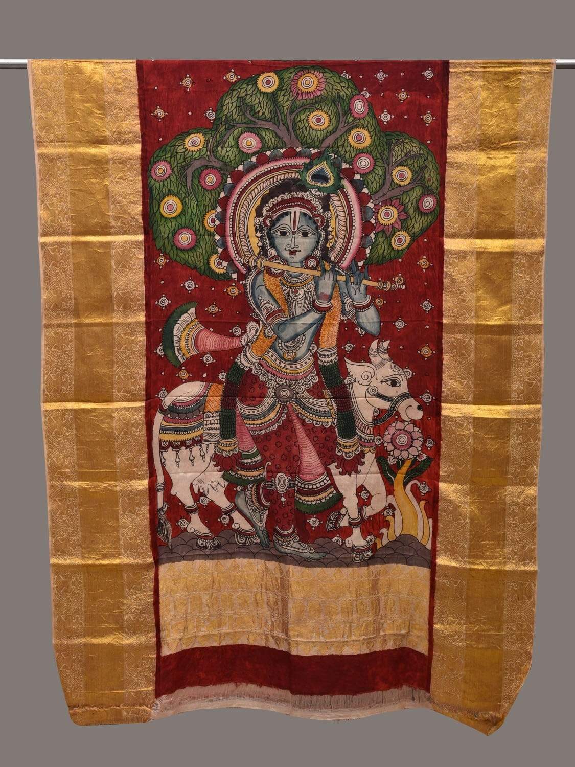 Red Kalamkari Hand Painted Kanchipuram Silk Handloom Dupatta with Krishna Design ds2510