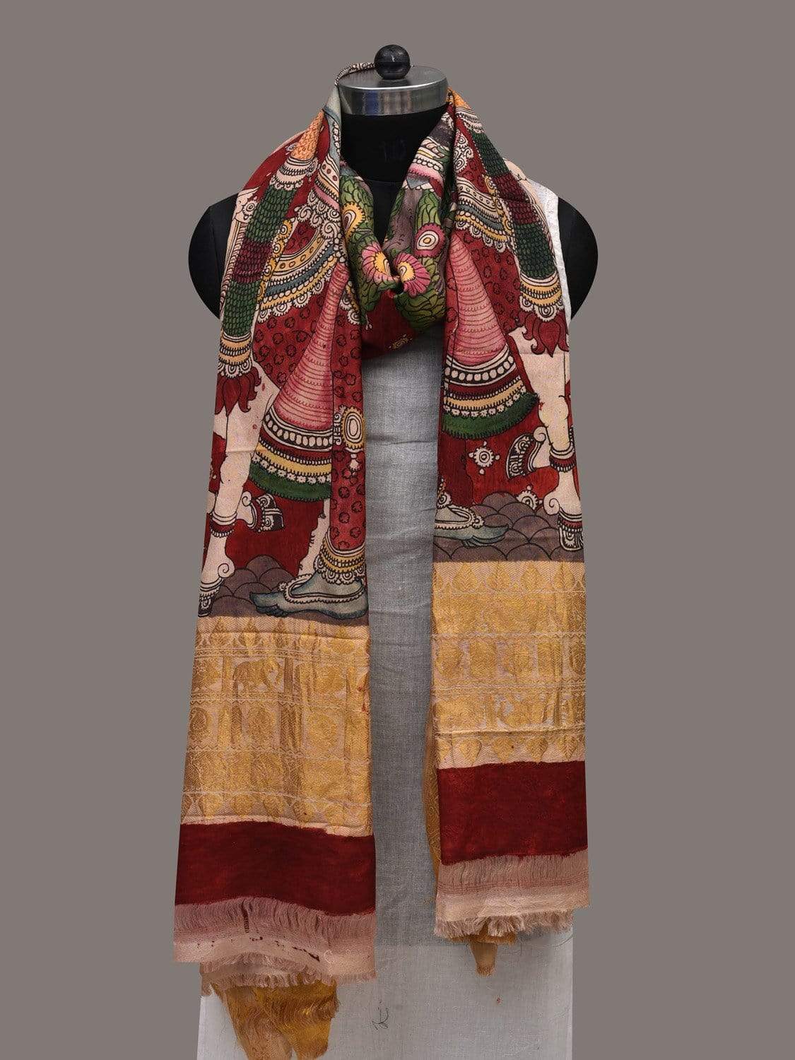 Red Kalamkari Hand Painted Kanchipuram Silk Handloom Dupatta with Krishna Design ds2510