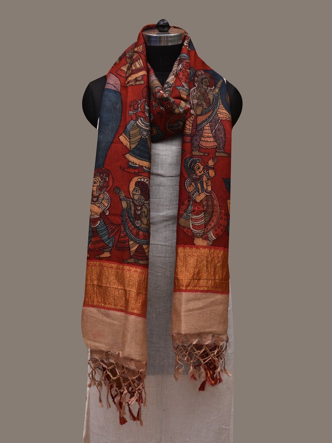 Red Kalamkari Hand Painted Kanchipuram Silk Handloom Dupatta with Krishna Design ds2638