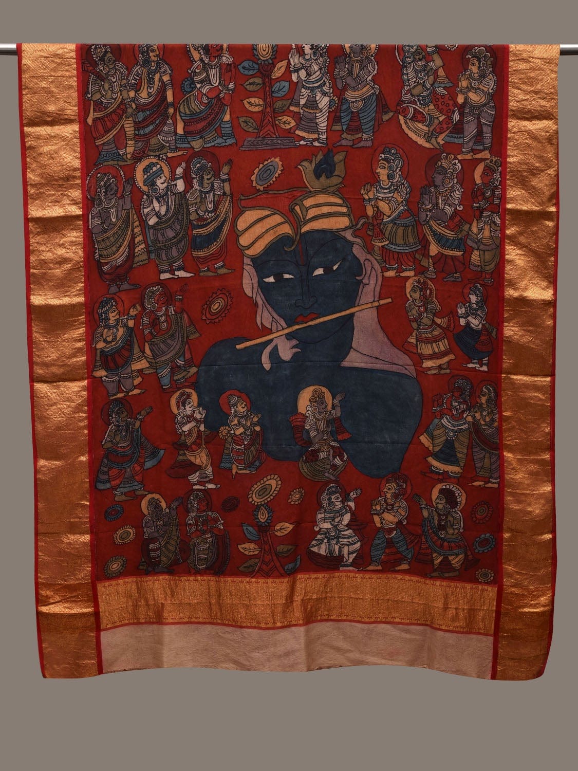 Red Kalamkari Hand Painted Kanchipuram Silk Handloom Dupatta with Krishna Design ds2638