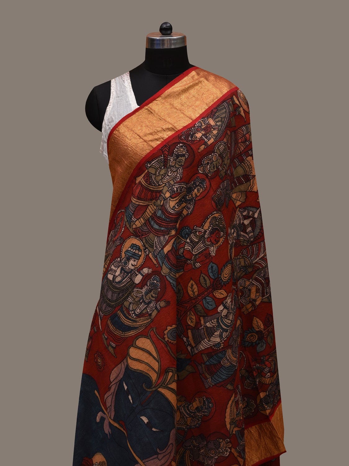 Red Kalamkari Hand Painted Kanchipuram Silk Handloom Dupatta with Krishna Design ds2638