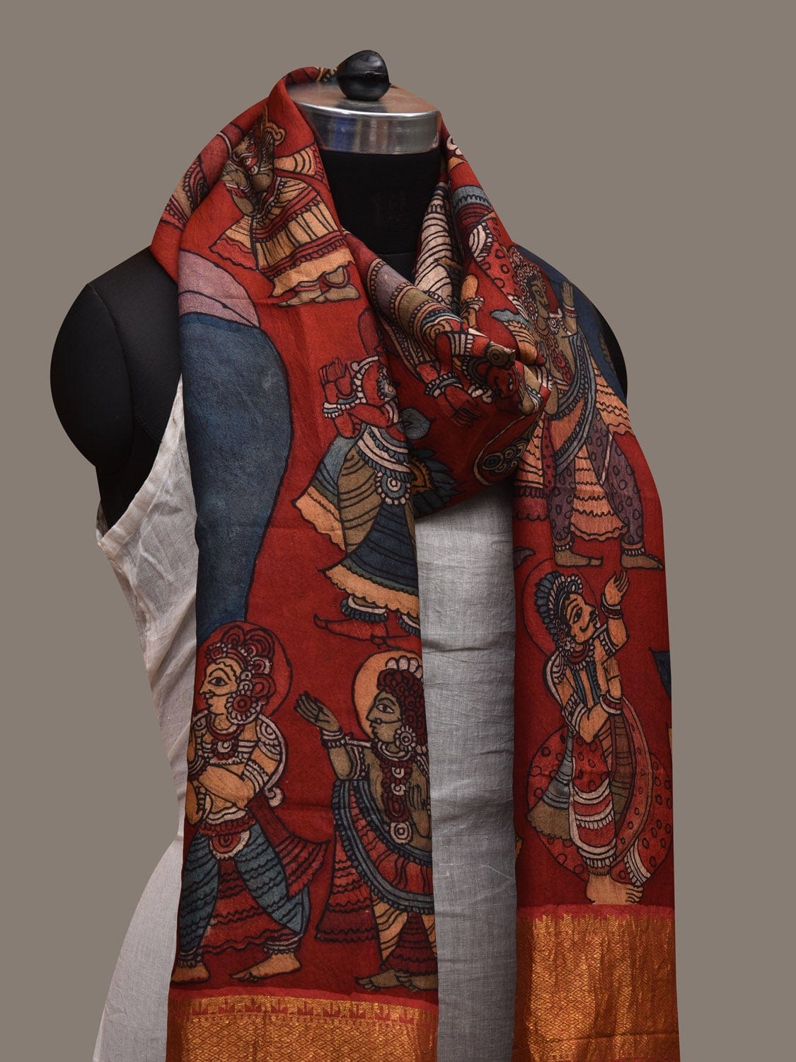 Red Kalamkari Hand Painted Kanchipuram Silk Handloom Dupatta with Krishna Design ds2638
