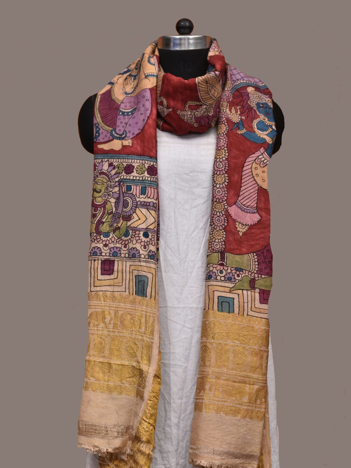 Red Kalamkari Hand Painted Kanchipuram Silk Handloom Dupatta with Krishna Design ds3186