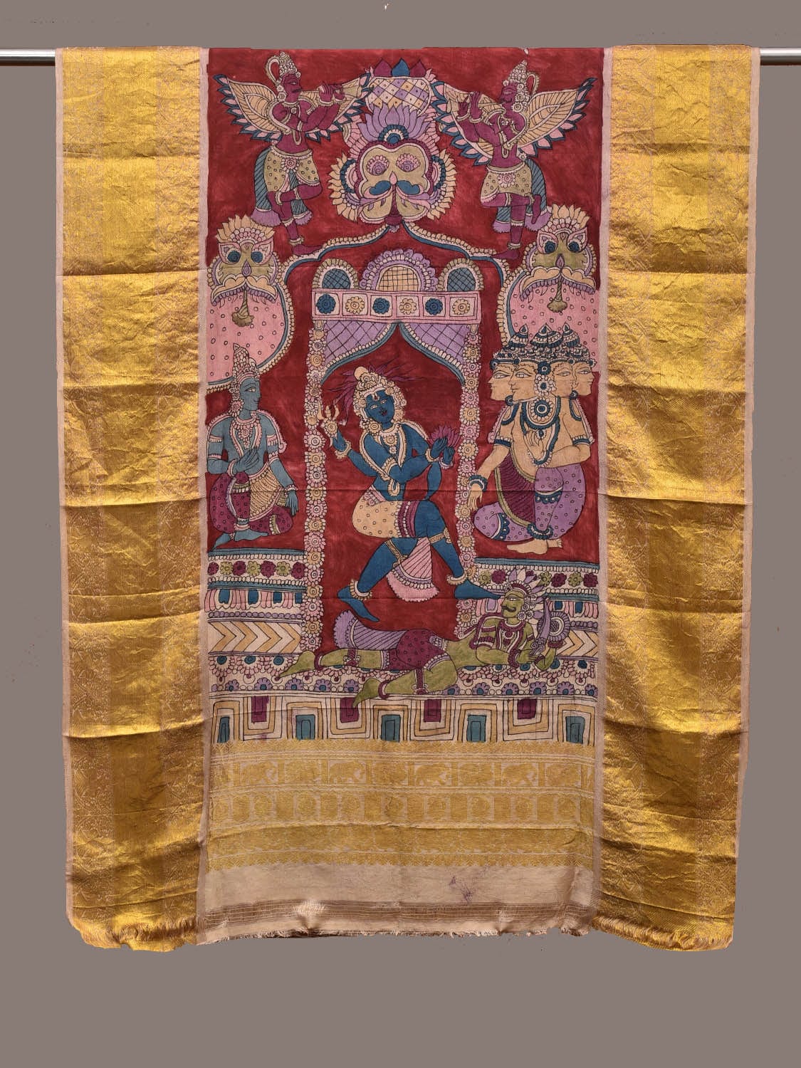 Red Kalamkari Hand Painted Kanchipuram Silk Handloom Dupatta with Krishna Design ds3186