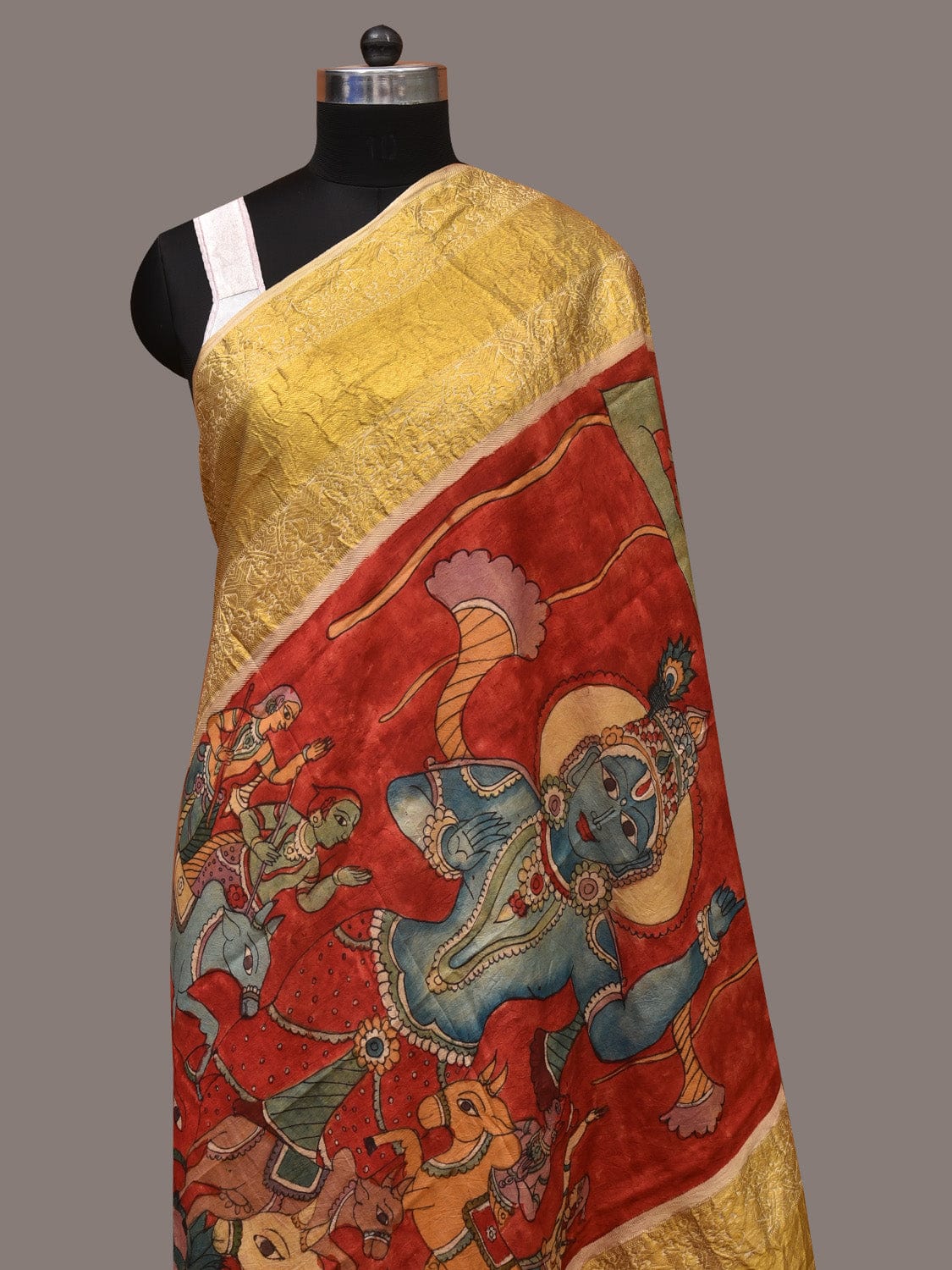 Red Kalamkari Hand Painted Kanchipuram Silk Handloom Dupatta with Krishna Design ds3428