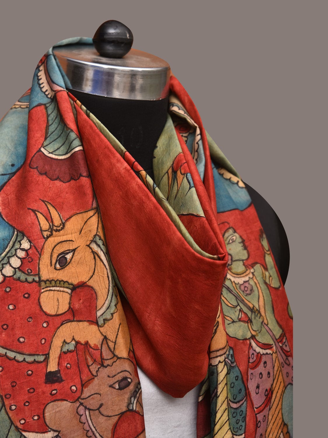 Red Kalamkari Hand Painted Kanchipuram Silk Handloom Dupatta with Krishna Design ds3428