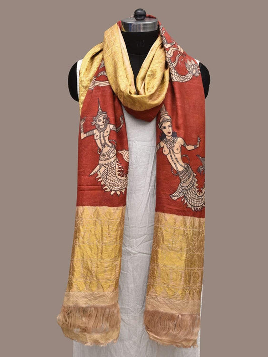 Red Kalamkari Hand Painted Kanchipuram Silk Handloom Dupatta with Mermaids Design ds2272