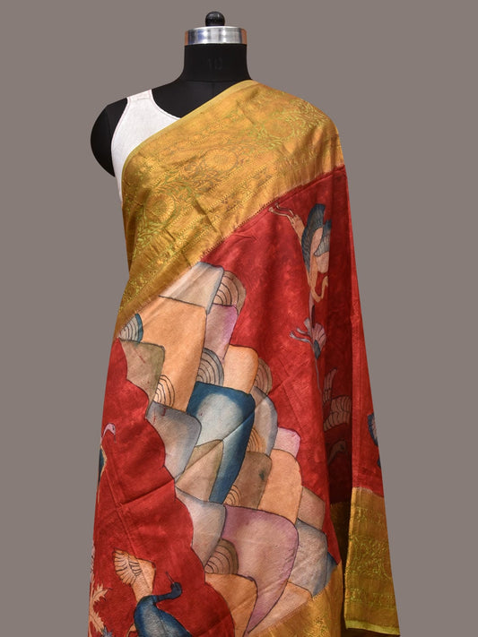 Red Kalamkari Hand Painted Kanchipuram Silk Handloom Dupatta with Mountains and Birds Design ds3488