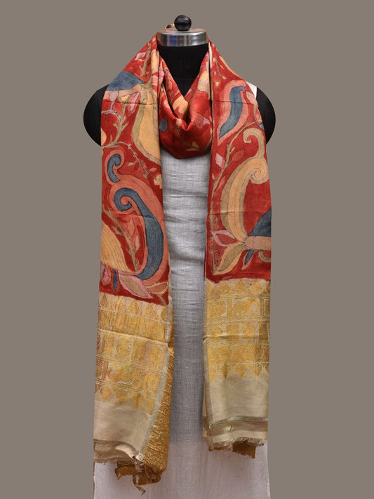 Red Kalamkari Hand Painted Kanchipuram Silk Handloom Dupatta with Peacocks Design ds2765