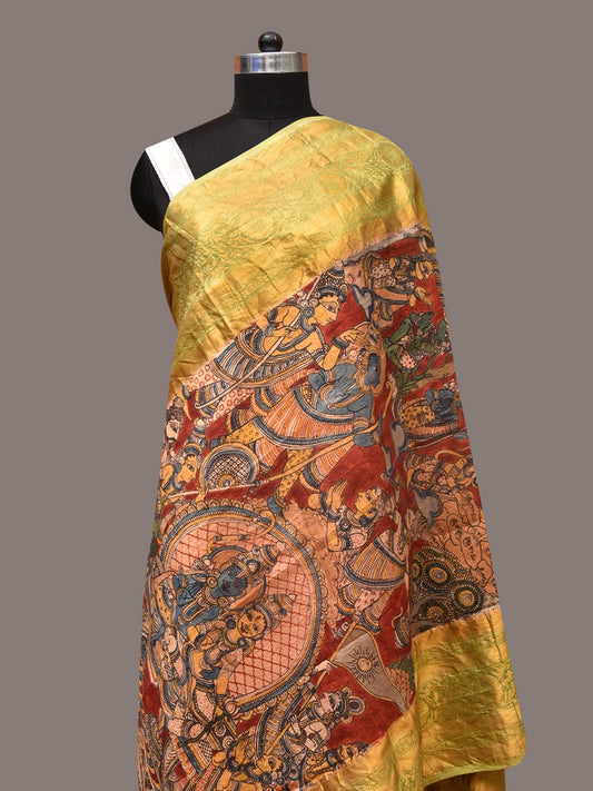 Red Kalamkari Hand Painted Kanchipuram Silk Handloom Dupatta with Ramayana Design ds3380