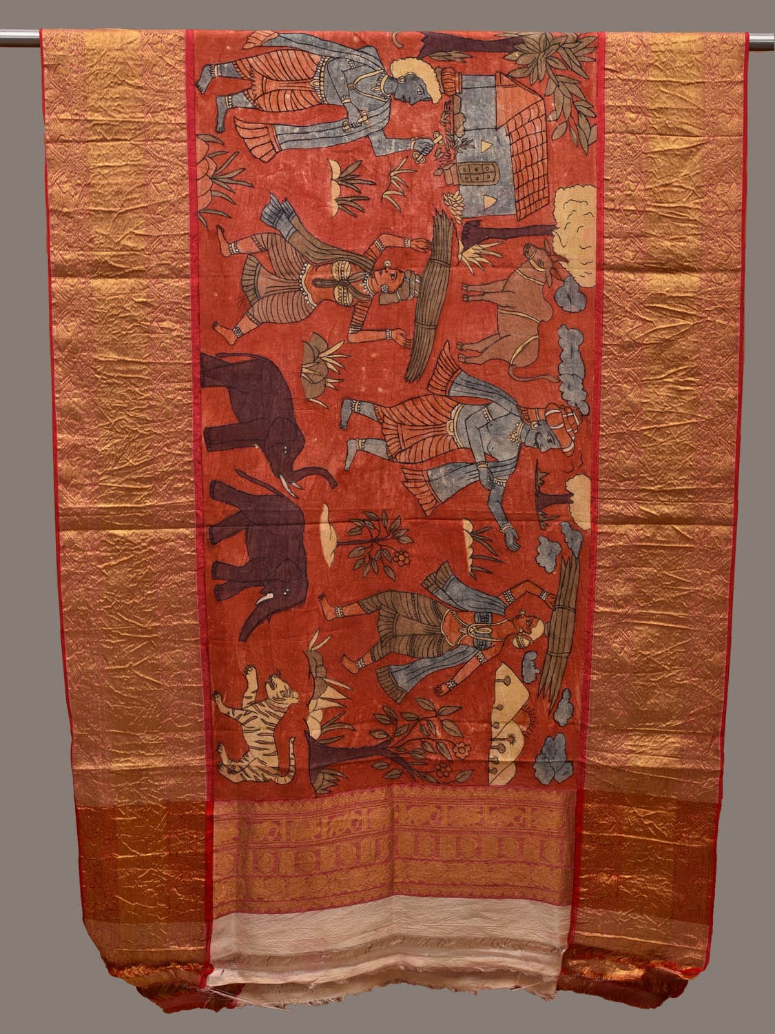 Red Kalamkari Hand Painted Kanchipuram Silk Handloom Dupatta with Village and Animals Design ds2667