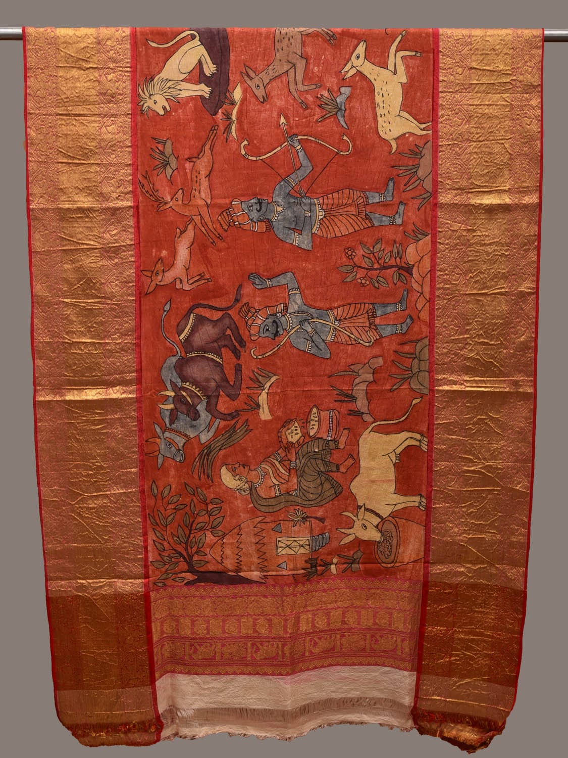 Red Kalamkari Hand Painted Kanchipuram Silk Handloom Dupatta with Village and Animals Design ds2667