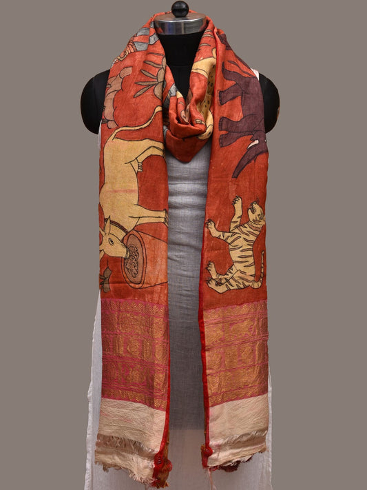 Red Kalamkari Hand Painted Kanchipuram Silk Handloom Dupatta with Village and Animals Design ds2667