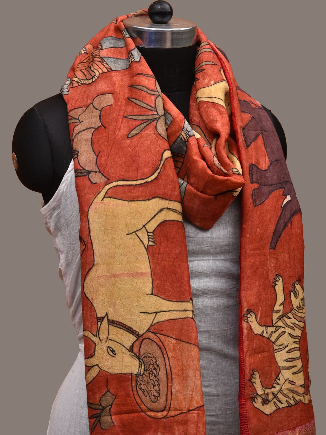Red Kalamkari Hand Painted Kanchipuram Silk Handloom Dupatta with Village and Animals Design ds2667