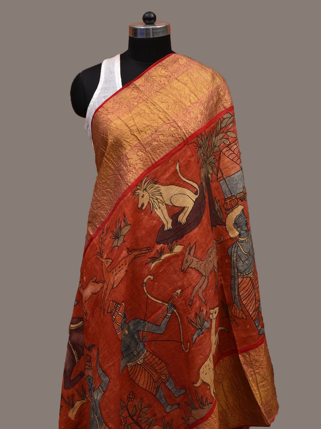 Red Kalamkari Hand Painted Kanchipuram Silk Handloom Dupatta with Village and Animals Design ds2667