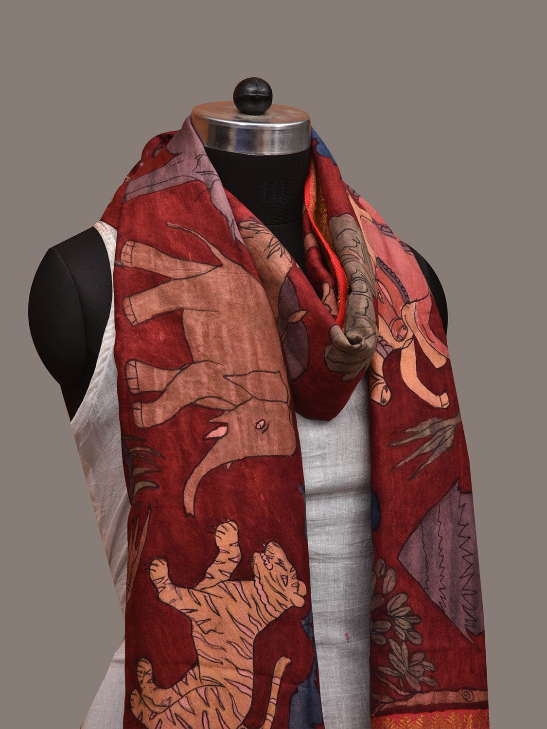 Red Kalamkari Hand Painted Kanchipuram Silk Handloom Dupatta with Village Design ds2982