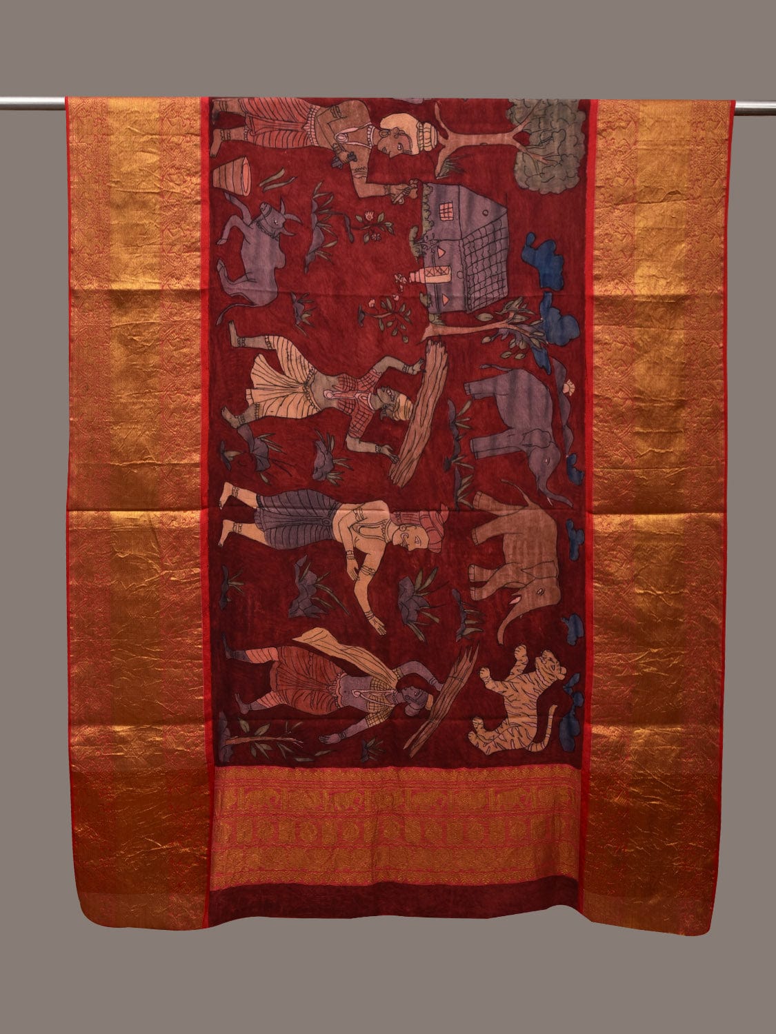Red Kalamkari Hand Painted Kanchipuram Silk Handloom Dupatta with Village Design ds2982