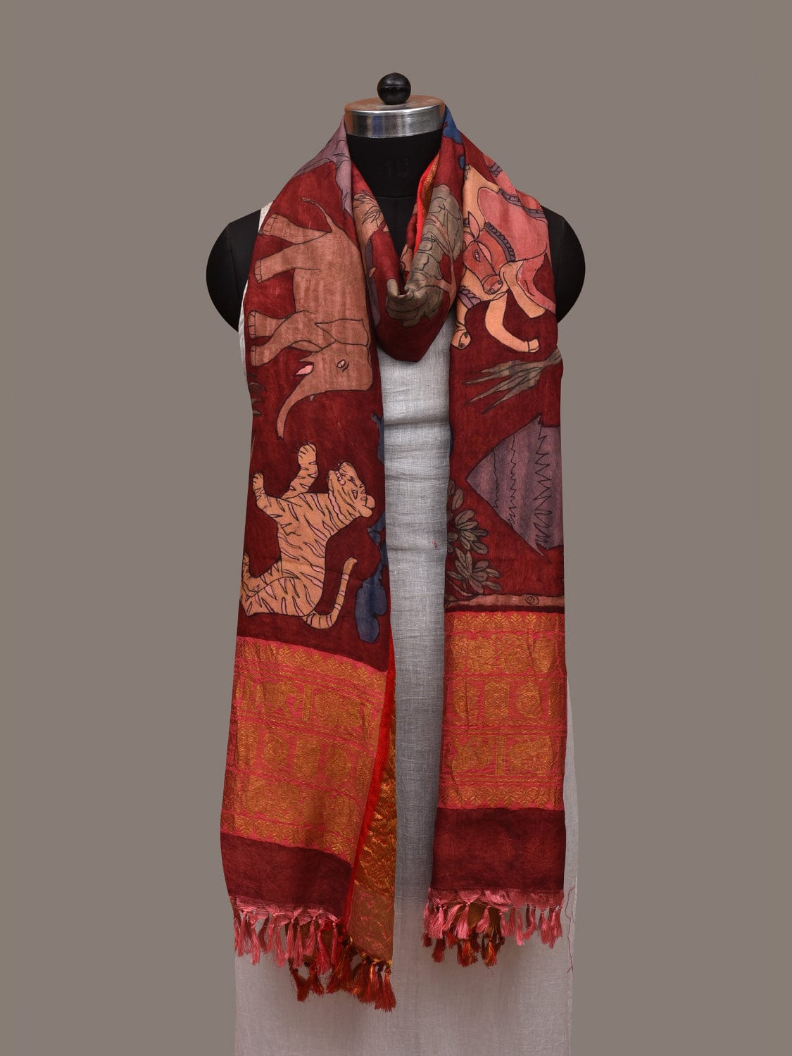Red Kalamkari Hand Painted Kanchipuram Silk Handloom Dupatta with Village Design ds2982