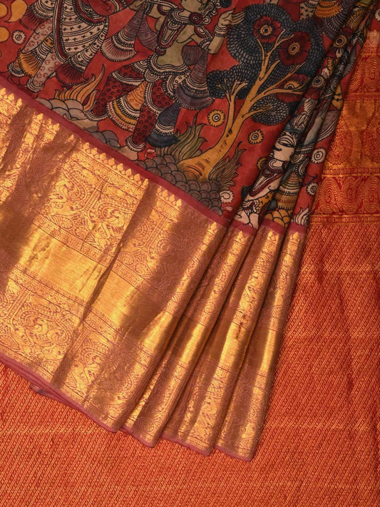 Red Kalamkari Hand Painted Kanchipuram Silk Handloom Saree with Dashavatar Design KL0538