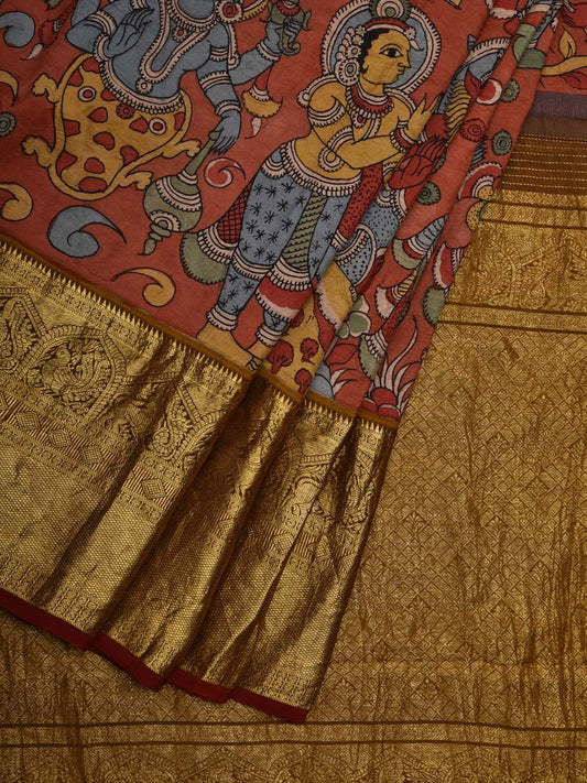 Red Kalamkari Hand Painted Kanchipuram Silk Handloom Saree with Dashavatar Design KL0600