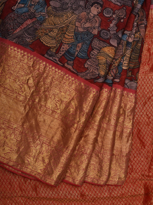 Red Kalamkari Hand Painted Kanchipuram Silk Handloom Saree with Dashavatar Design KL0634