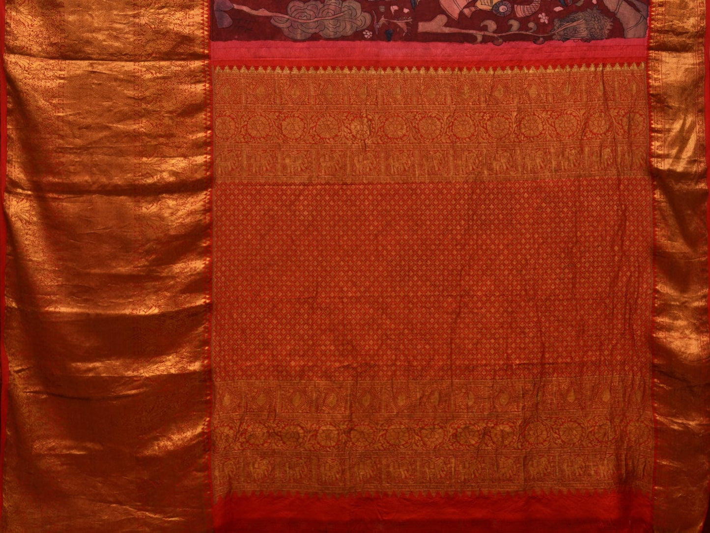 Red Kalamkari Hand Painted Kanchipuram Silk Handloom Saree with Dashavatar Design KL0665