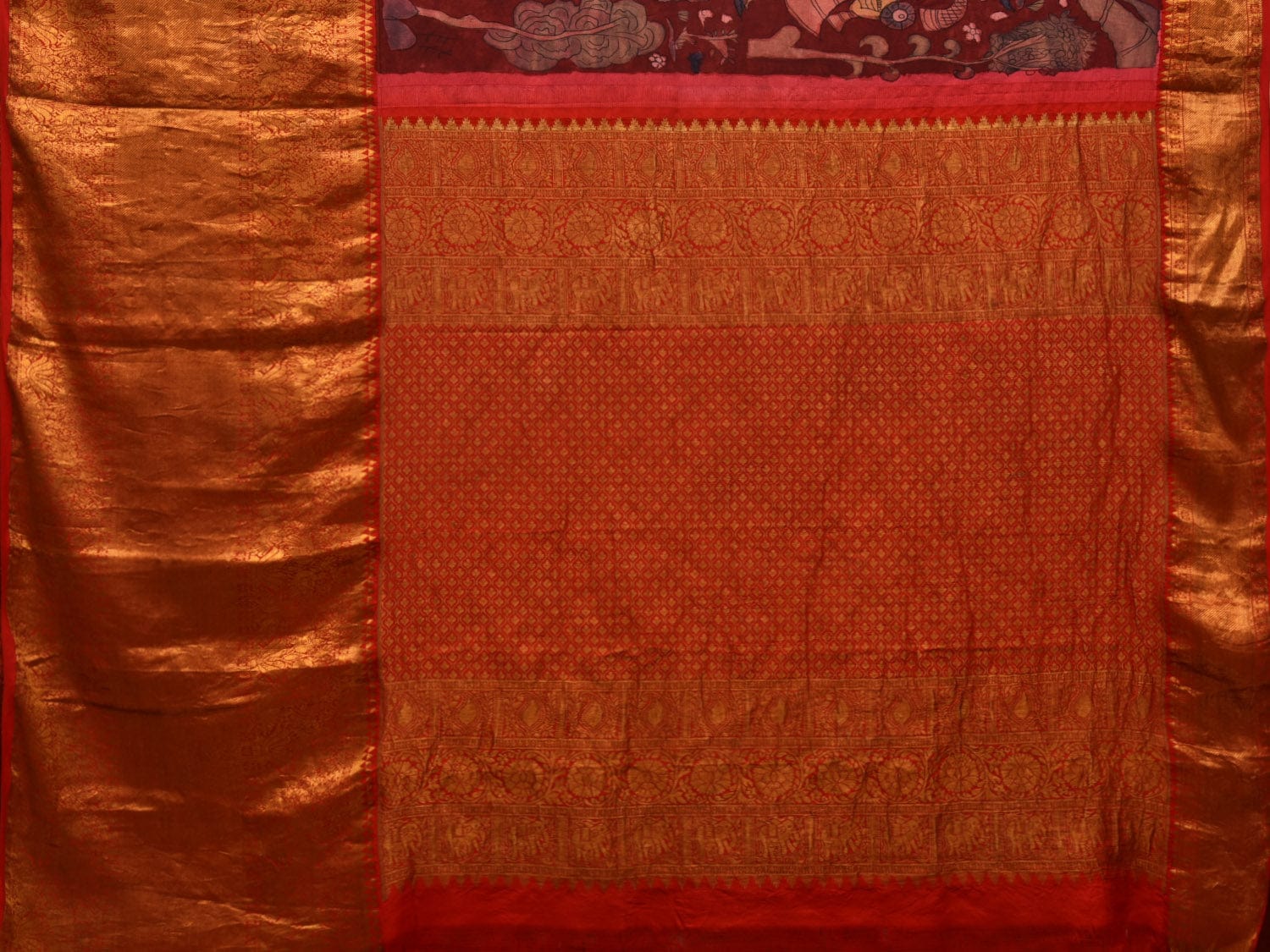Red Kalamkari Hand Painted Kanchipuram Silk Handloom Saree with Dashavatar Design KL0665