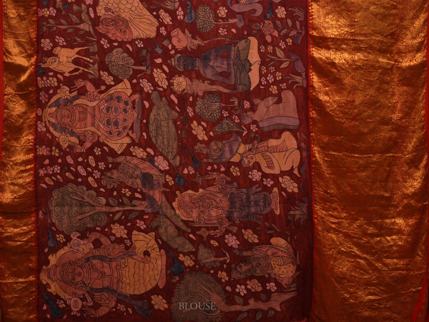 Red Kalamkari Hand Painted Kanchipuram Silk Handloom Saree with Dashavatar Design KL0665