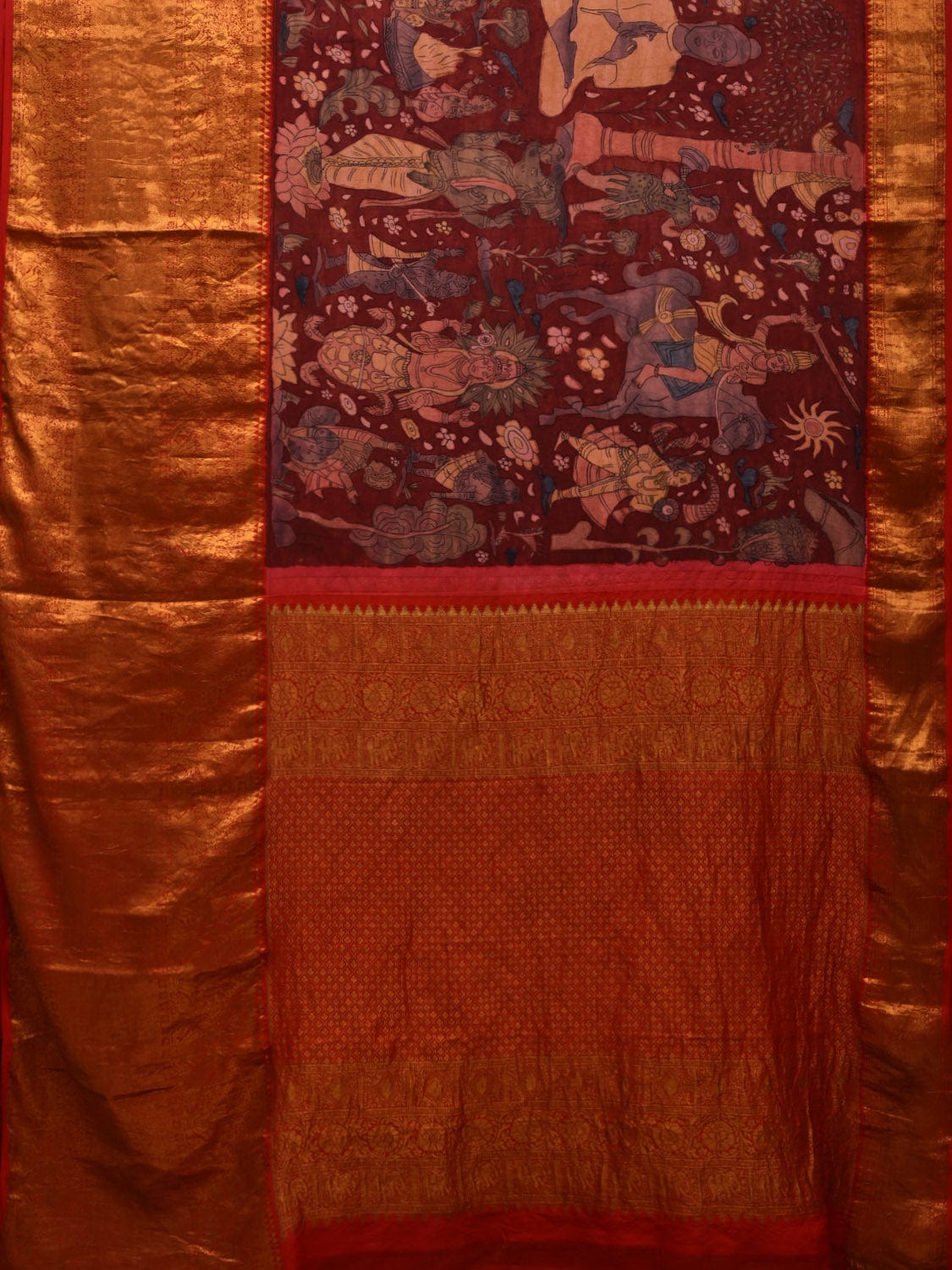 Red Kalamkari Hand Painted Kanchipuram Silk Handloom Saree with Dashavatar Design KL0665