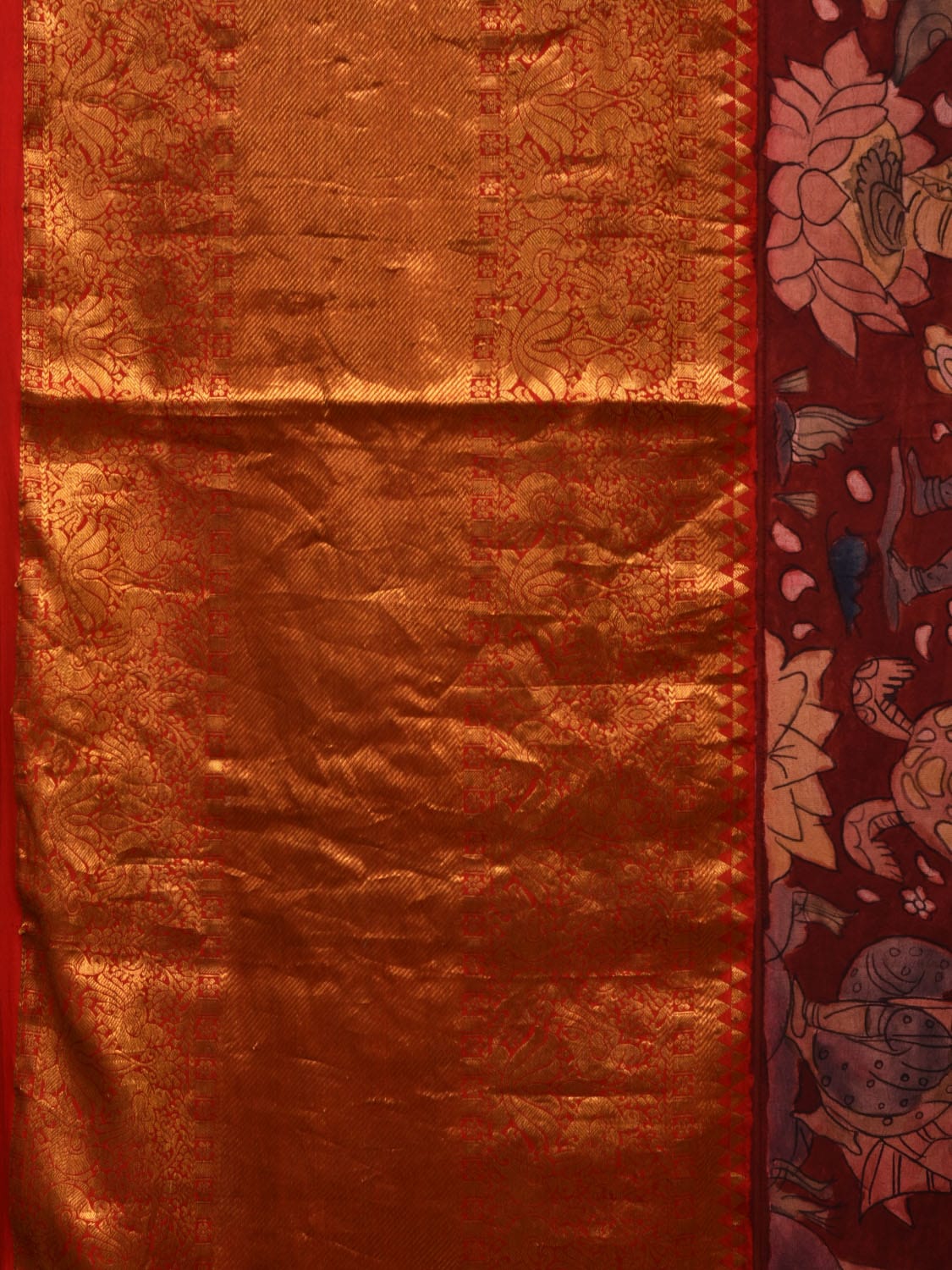 Red Kalamkari Hand Painted Kanchipuram Silk Handloom Saree with Dashavatar Design KL0665