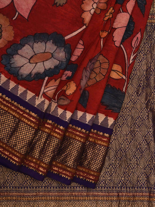 Red Kalamkari Hand Painted Kanchipuram Silk Handloom Saree with Floral and Peacocks Design KL0650
